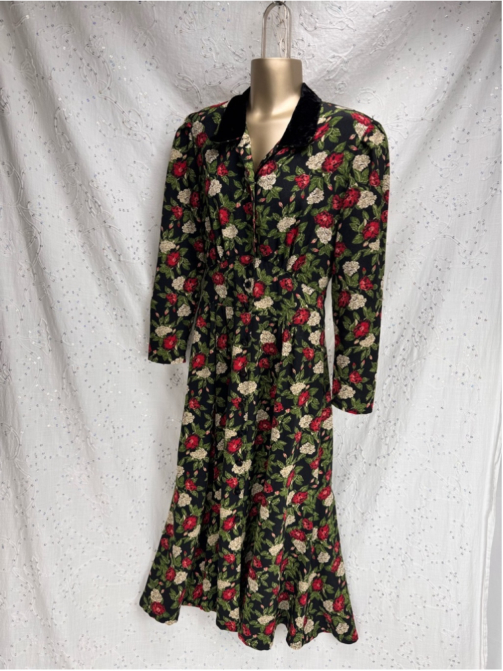 Vintage 80s 90s Northern Traditions Floral Maxi Dress Velvet Collar Button Front